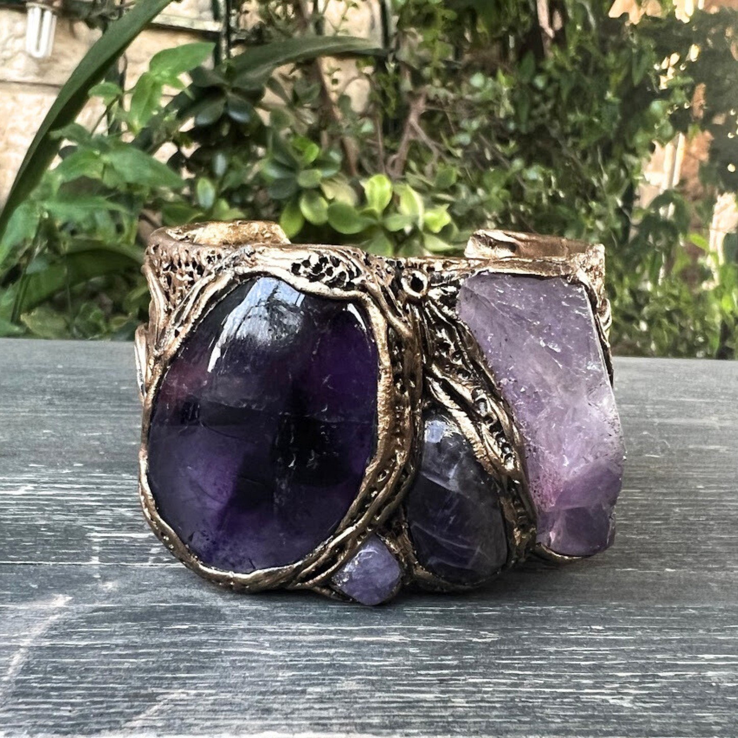 Amethyst Healing Crystal Cuff Bracelet, Boho Purple Raw Stone Bracelet