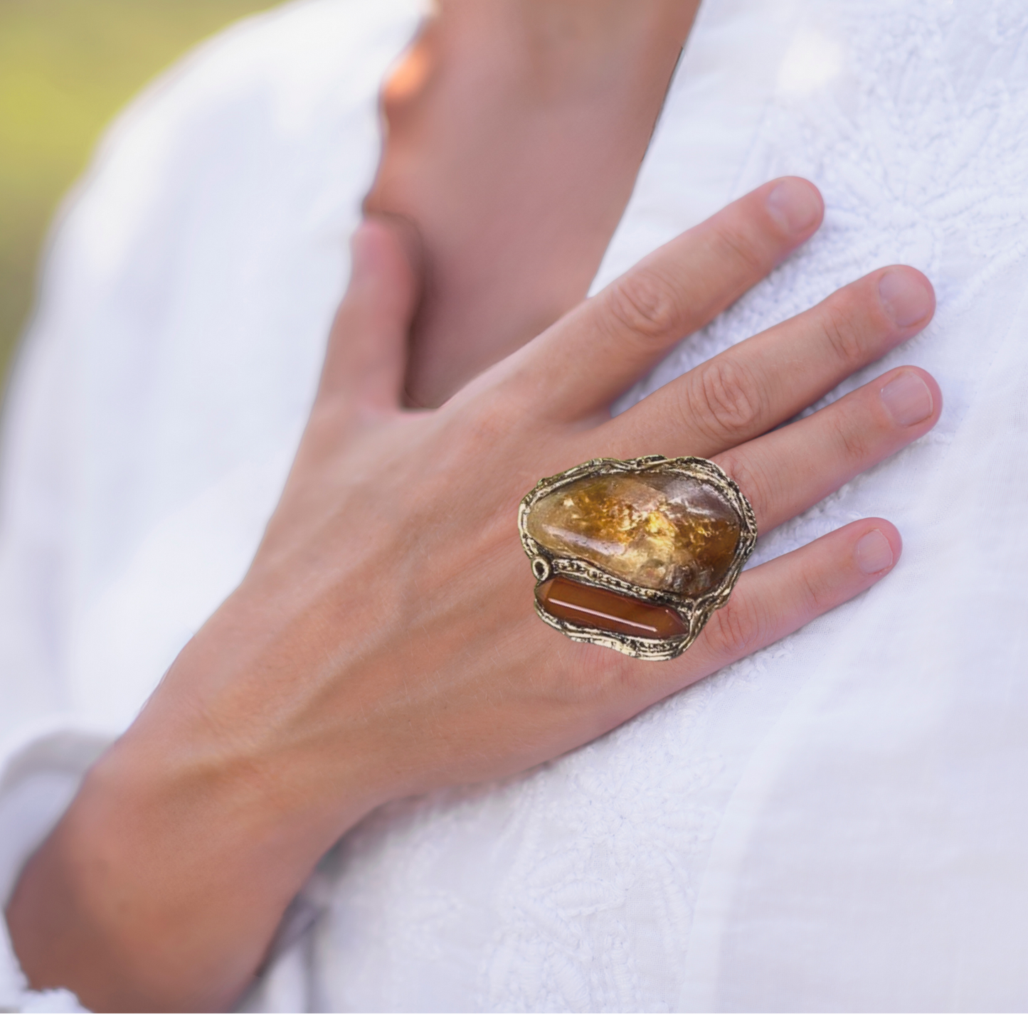 Chunky Citrine & Carnelian Ring, Large Statement Crystal Ring, Bohemian Jewelry Gift for Her