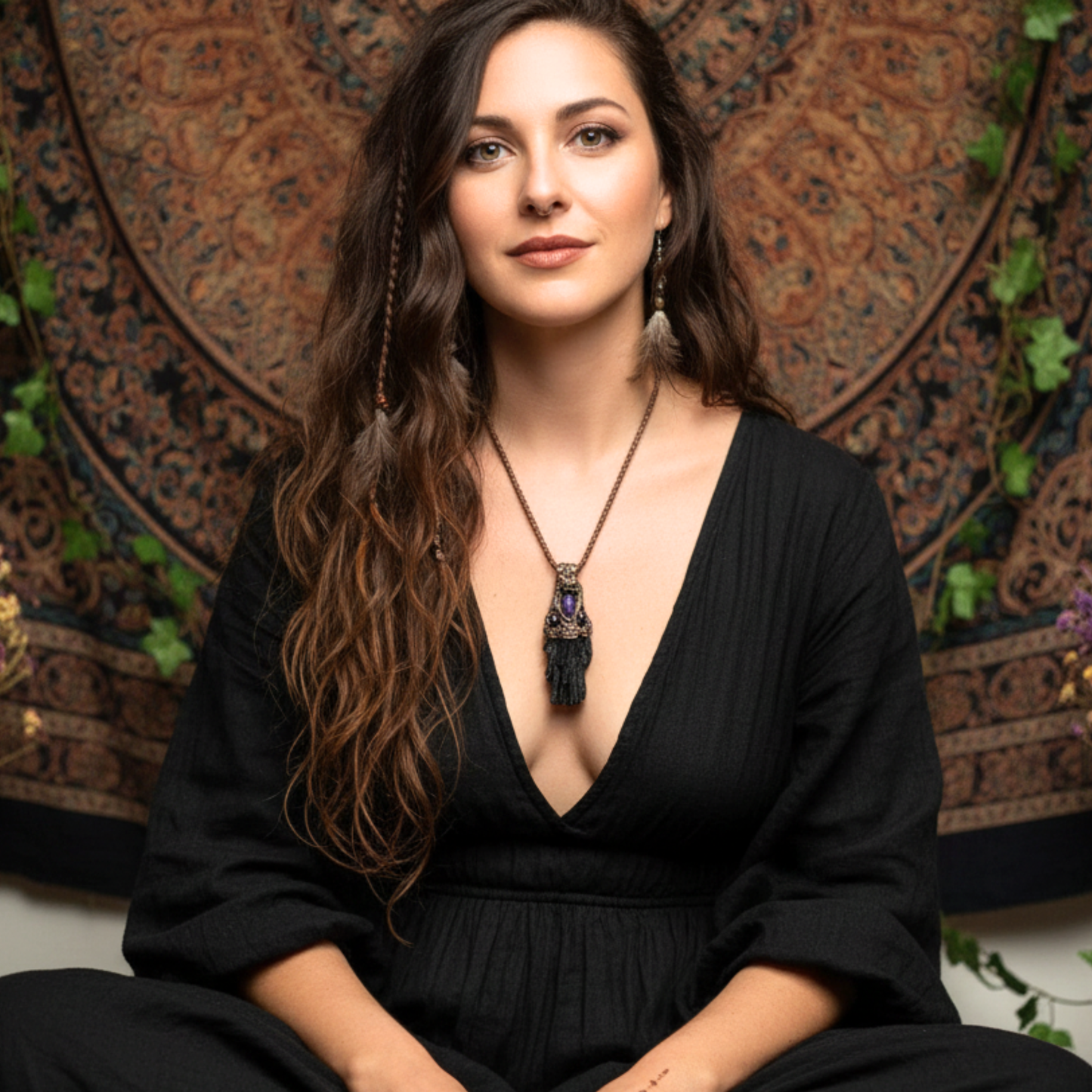 Black Kyanite & Amethyst Empath Protection Necklace, Raw Crystal Amulet