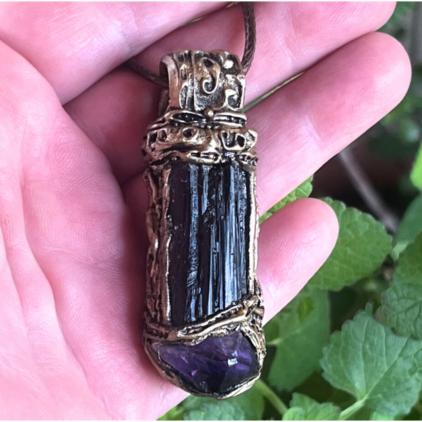 Raw Amethyst and Black Tourmaline Protection Amulet Necklace - Crystal Healing Jewelry