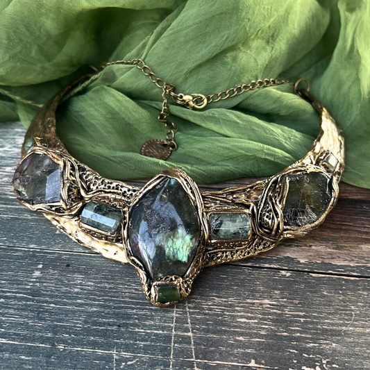 Chunky Labradorite and Prehnite Collar Necklace, Statement Green Stone Choker