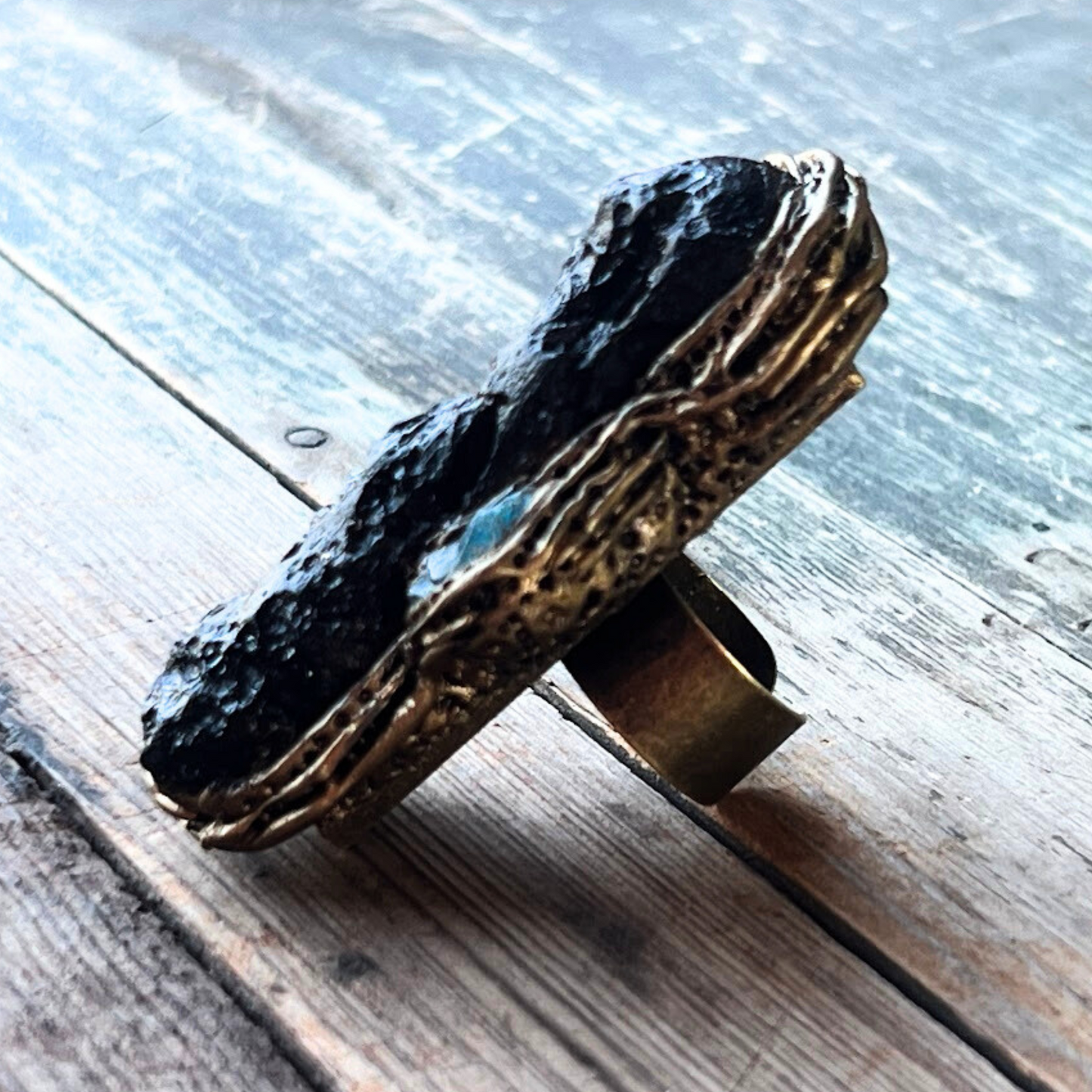 Meteorite Tektite & Apatite Chunky Full Finger Ring, Bohemian Gemstone Jewelry Gift for Her