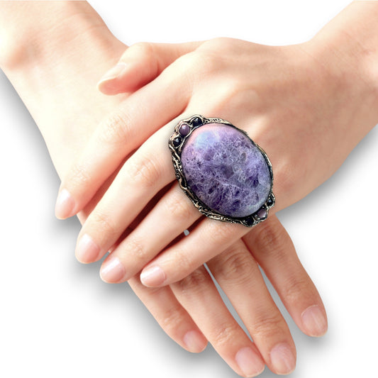 Chunky Purple Charoite Ring - Statement Gemstone Cocktail Ring