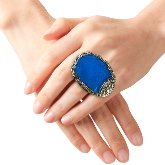 Blue Agate Chunky Cocktail Ring - Bold Gemstone Statement Jewelry