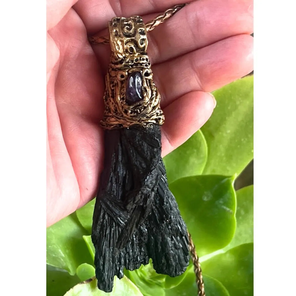 Black Kyanite & Amethyst Empath Protection Necklace, Raw Crystal Amulet