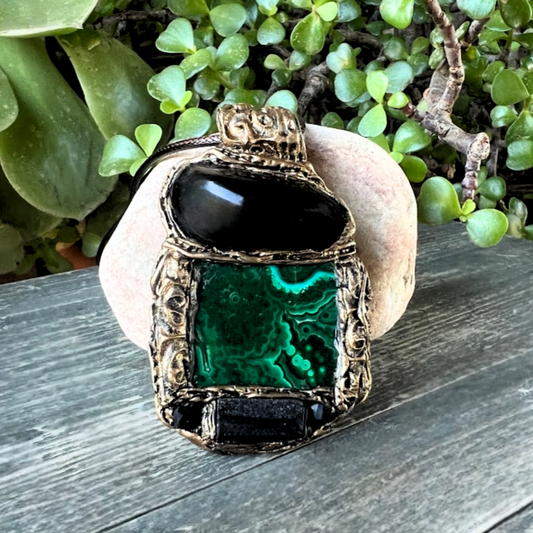 Malachite Black Tourmaline Obsidian Necklace for Empath Protection