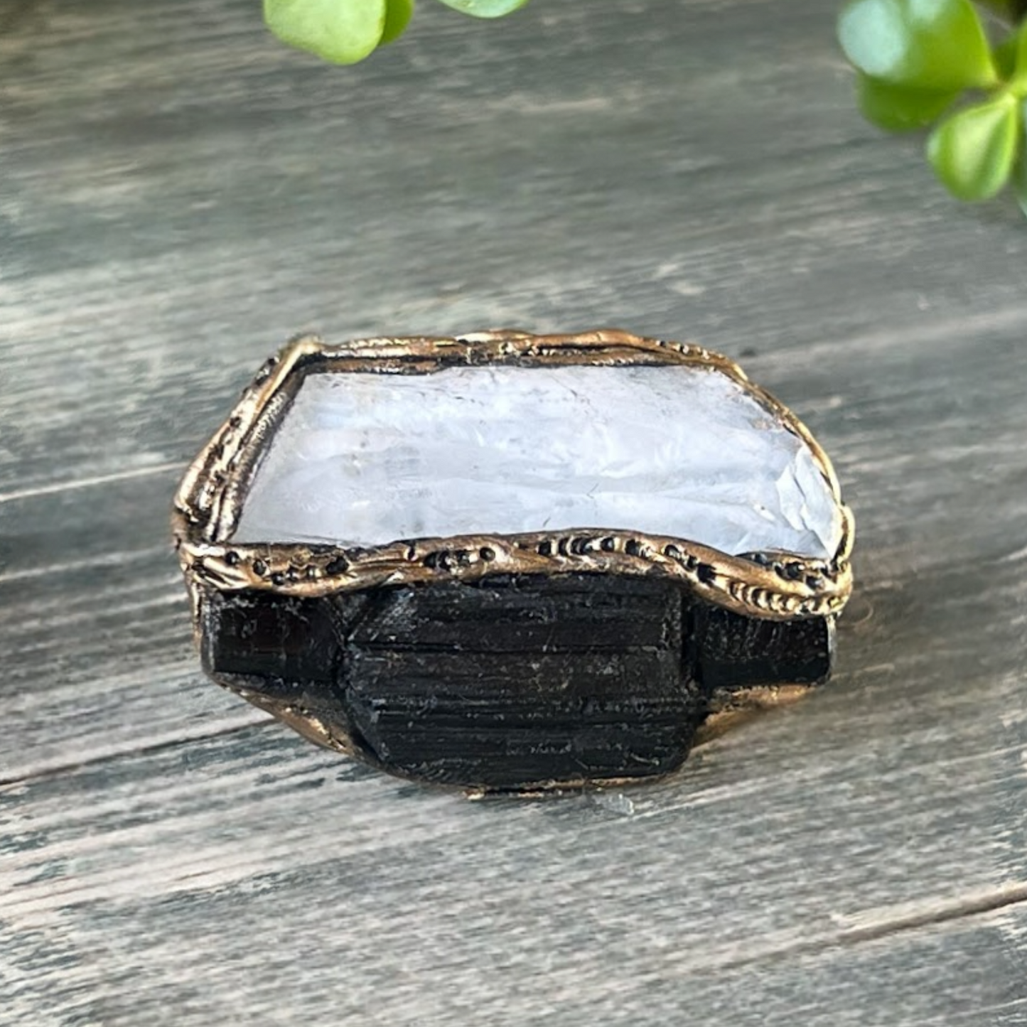 Black Tourmaline & Calcite Chunky Ring - Empath Protection Jewelry