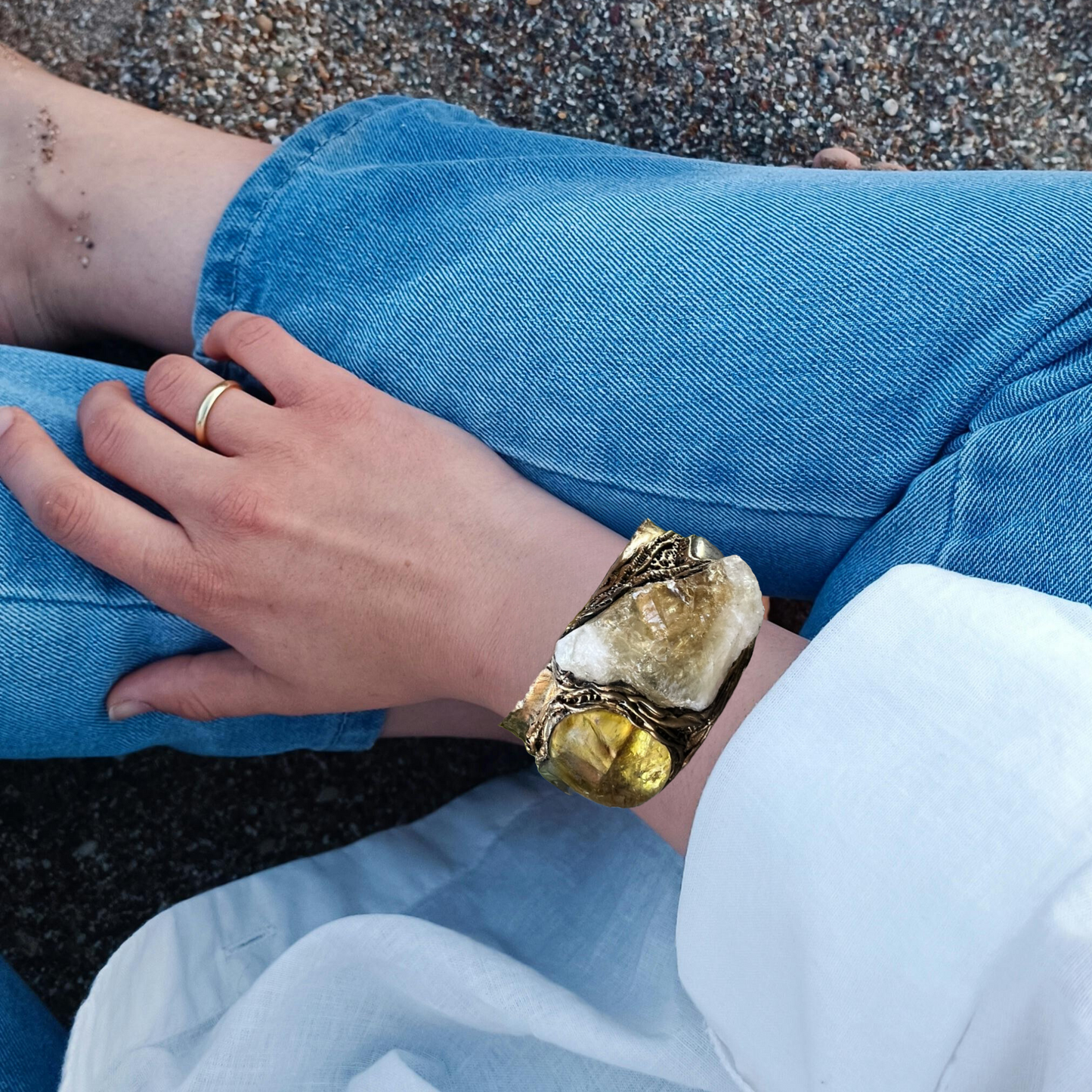 Citrine Crystal Cuff Bracelet with Pyrite - Statement Chunky Gemstone Jewelry