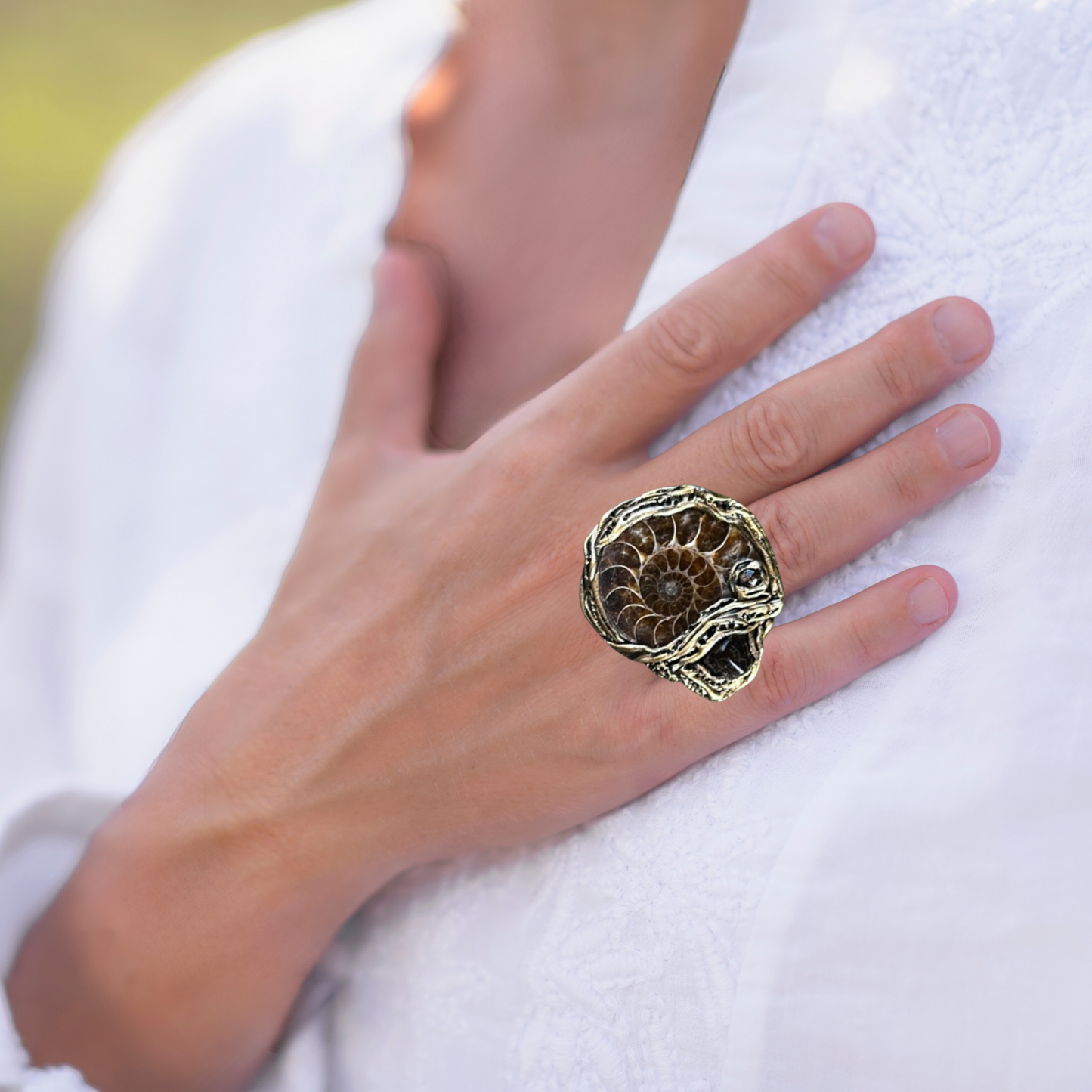 Amber & Ammonite Fossil Ring - Chunky Gemstone Statement Jewelry