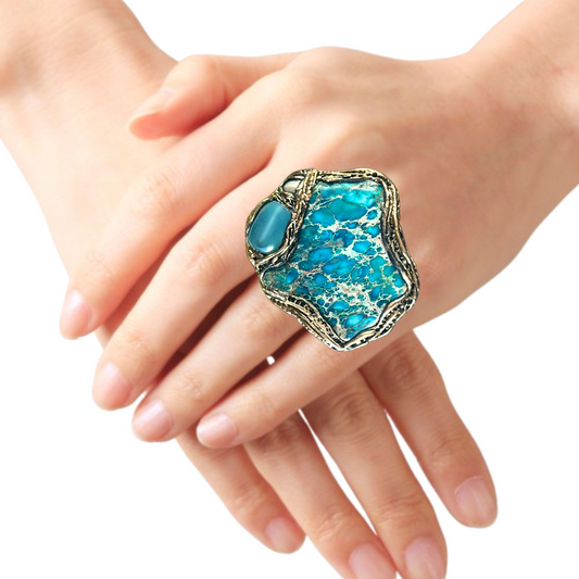 Chunky Turquoise Jasper Chalcedony Ring, Boho Cocktail Ring, Gift for Her