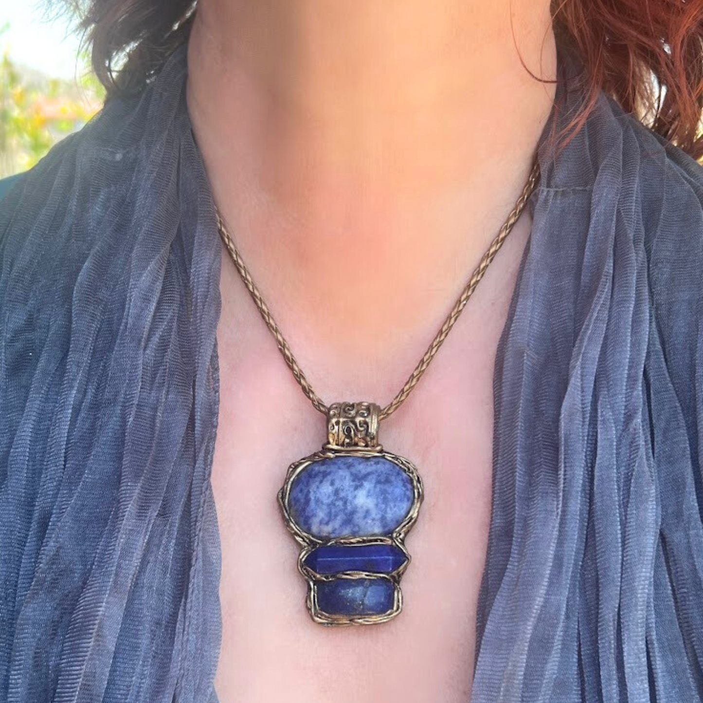 Lapis Lazuli and Jasper Large Blue Stone Pendant Necklace