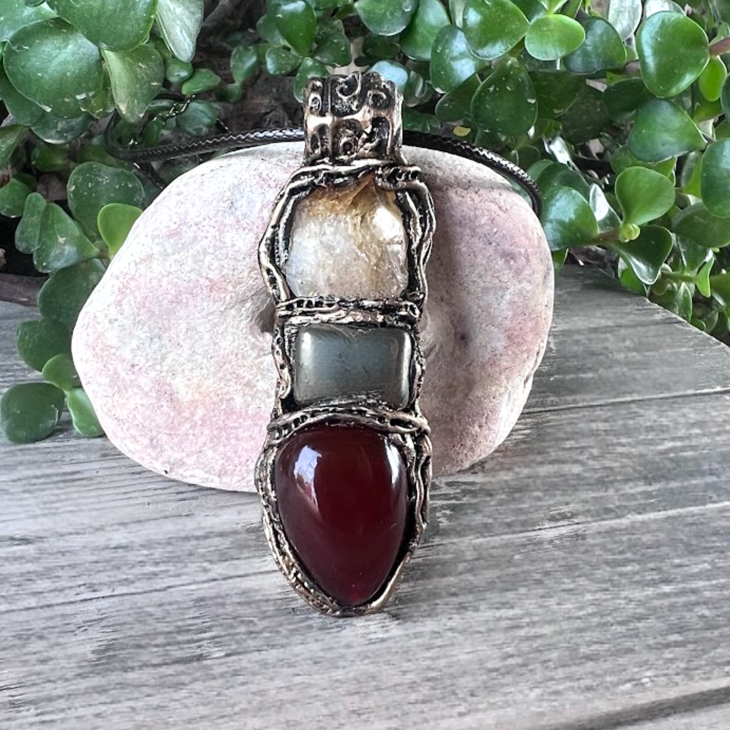 Raw Citrine, Pyrite, and Carnelian Good Luck Pendant Necklace, Raw Crystal Wealth Amulet