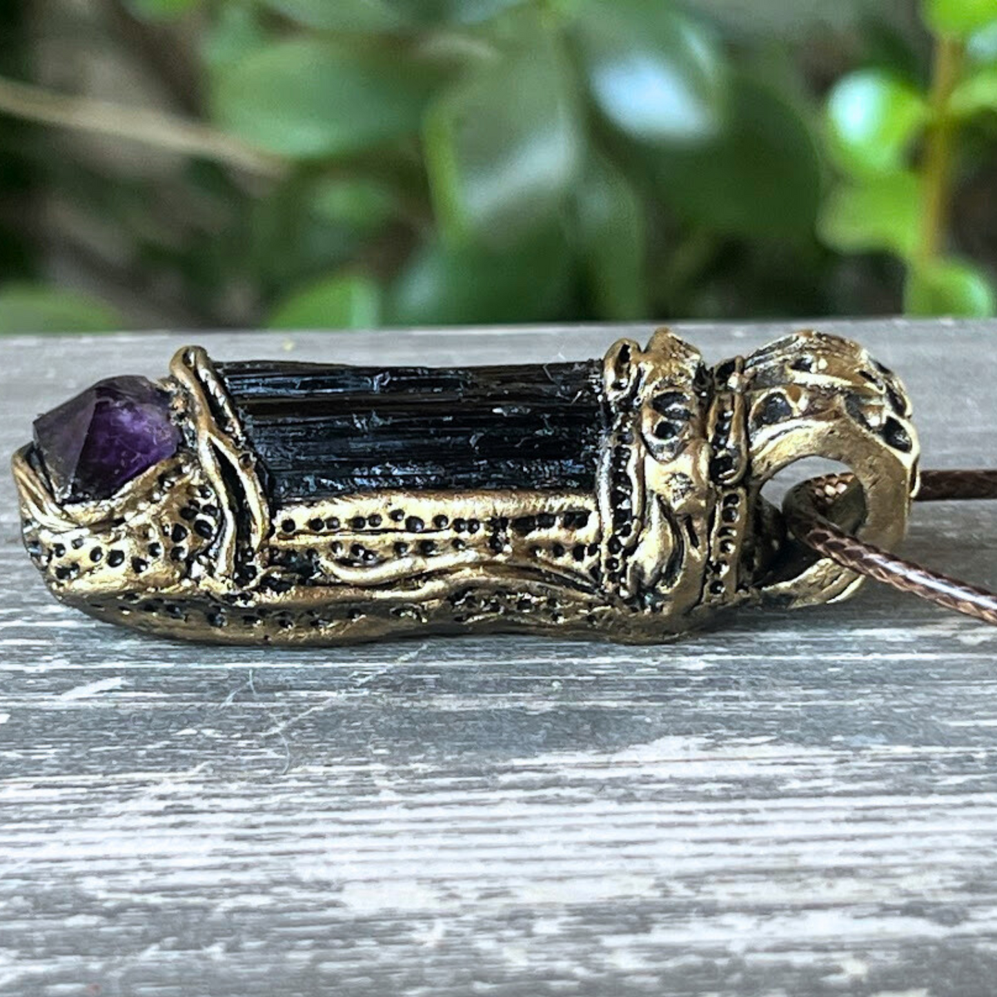 Raw Amethyst and Black Tourmaline Protection Amulet Necklace - Crystal Healing Jewelry