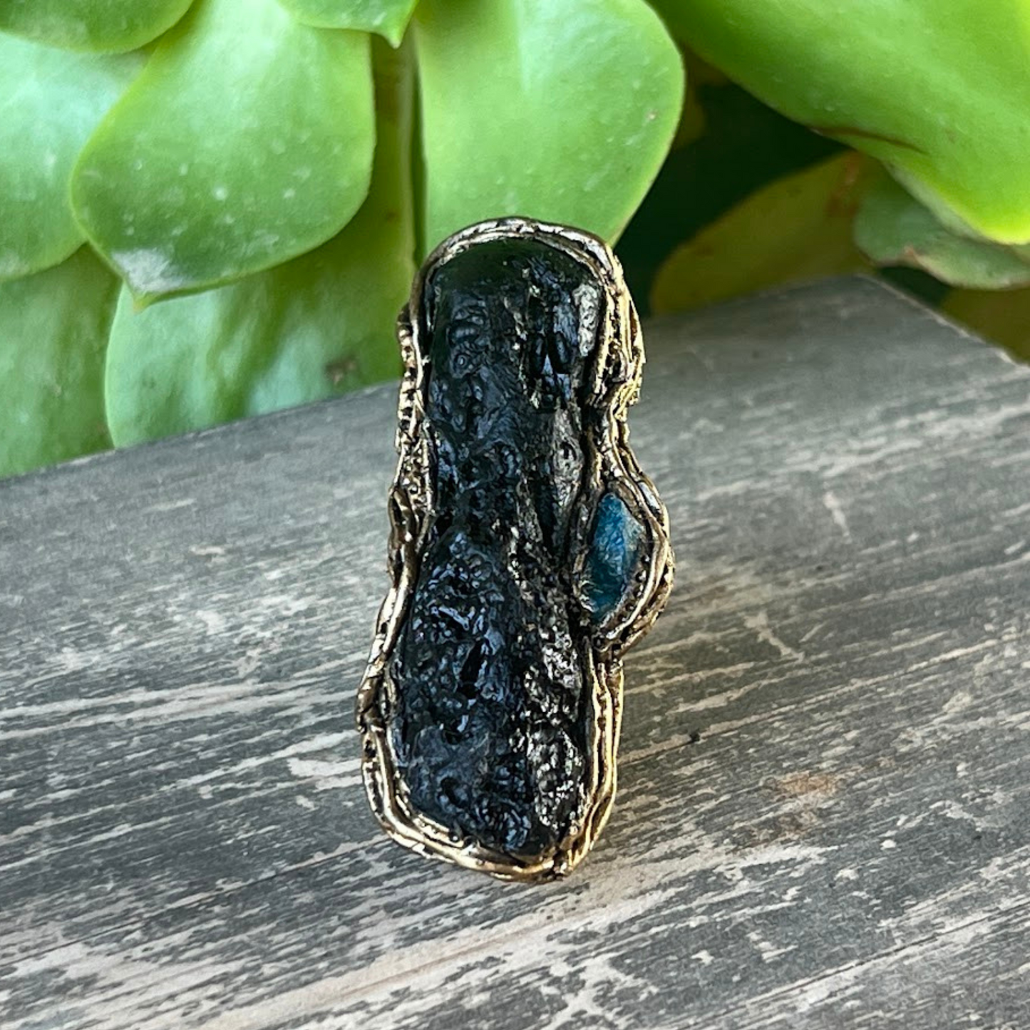 Meteorite Tektite & Apatite Chunky Full Finger Ring, Bohemian Gemstone Jewelry Gift for Her