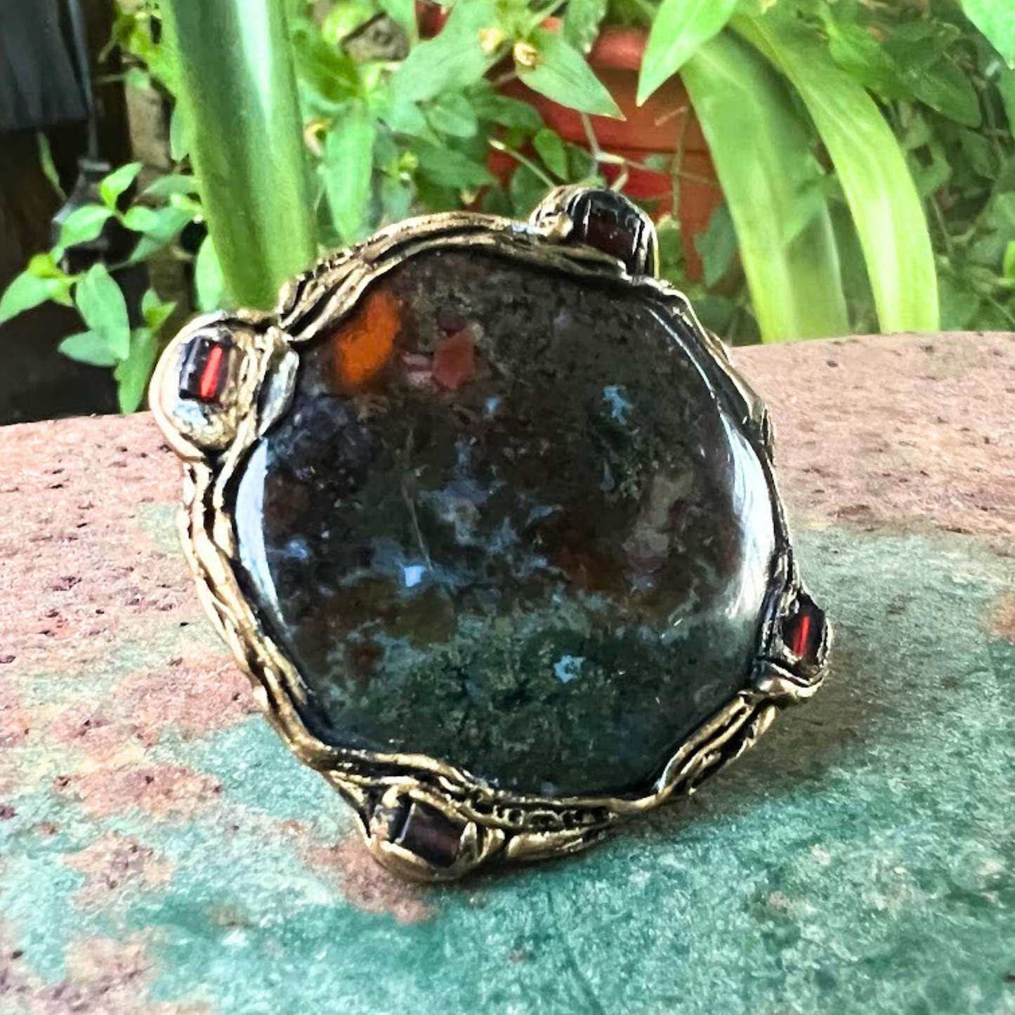 Bloodstone Large Stone Chunky Round Ring, Statement Big Cocktail Ring