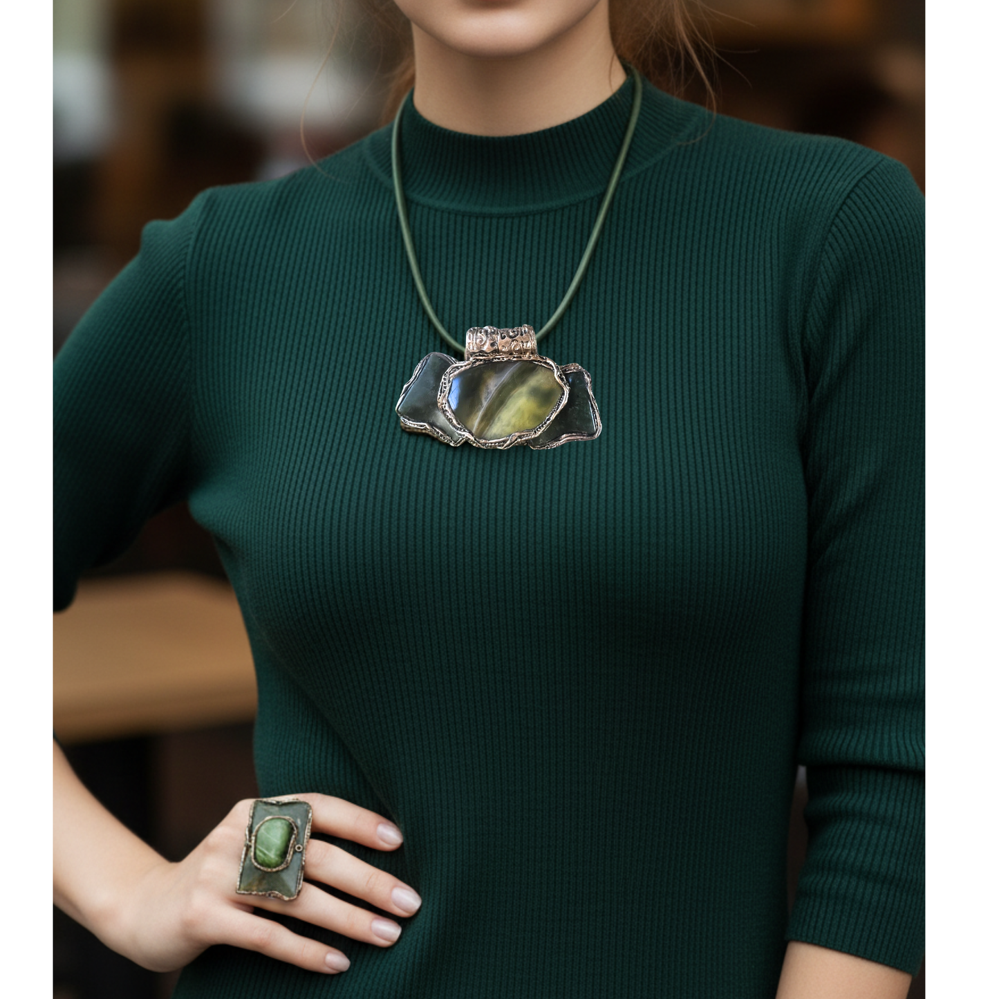 Chunky Jade Green Statement Ring - Bold Contemporary Modern Oversized Cocktail Jewelry