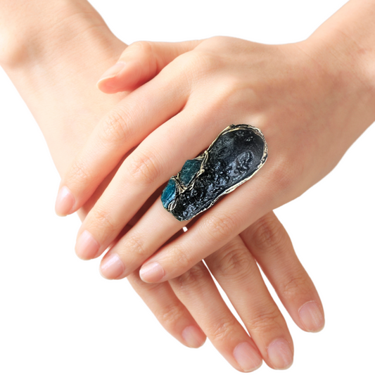 Meteorite Tektite & Apatite Chunky Full Finger Ring, Bohemian Gemstone Jewelry Gift for Her