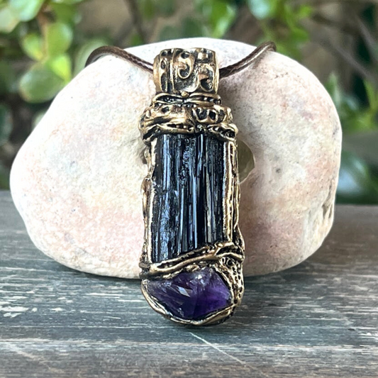 Raw Amethyst and Black Tourmaline Protection Amulet Necklace - Crystal Healing Jewelry