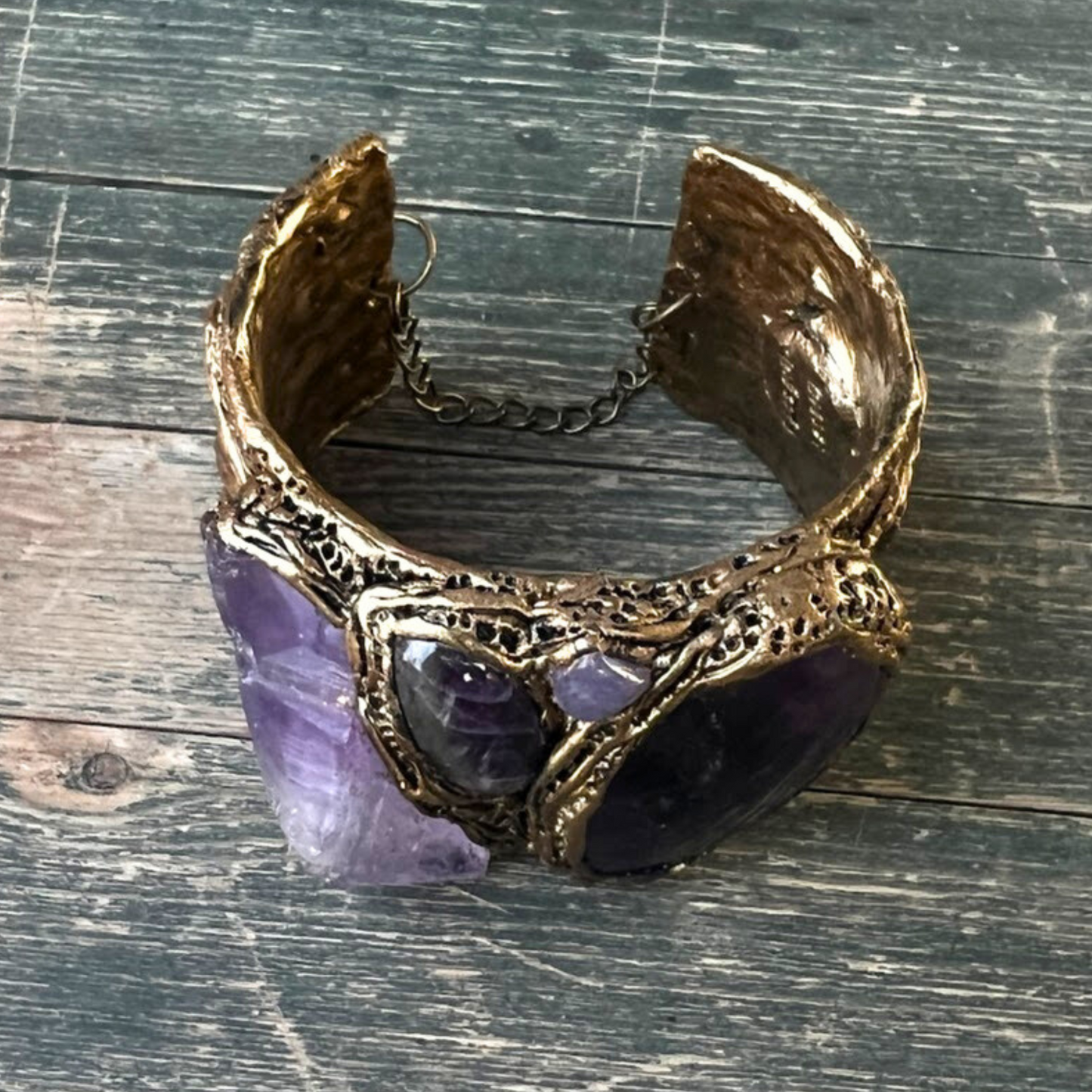 Amethyst Healing Crystal Cuff Bracelet, Boho Purple Raw Stone Bracelet