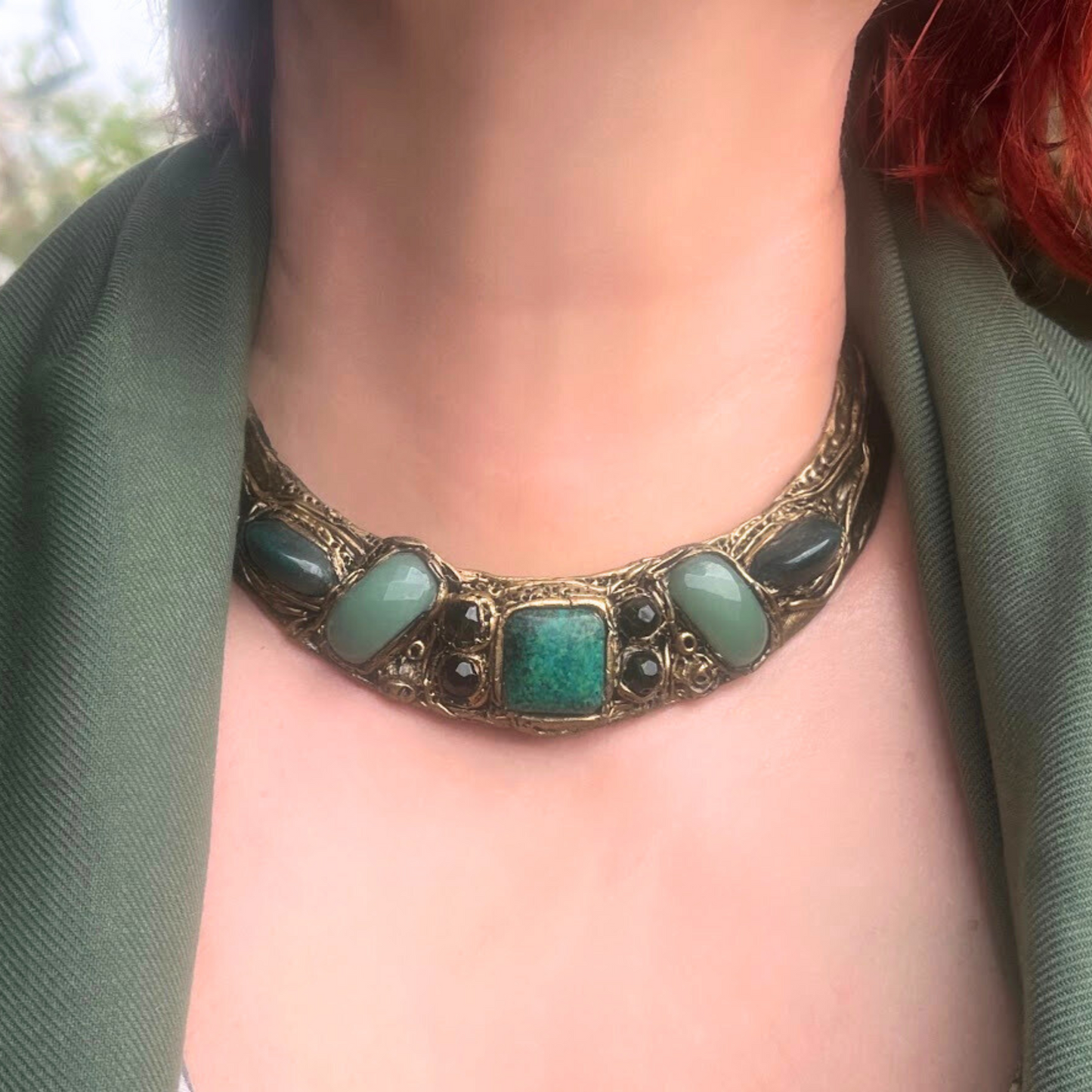 Chunky Green Crystal Collar Necklace with Aventurine, Chrysocolla, and Agate