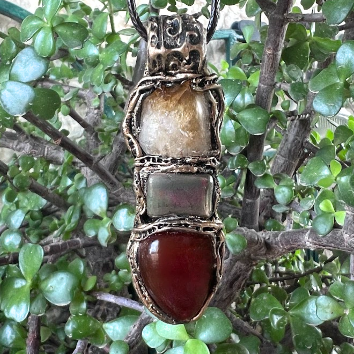 Raw Citrine, Pyrite, and Carnelian Good Luck Pendant Necklace, Raw Crystal Wealth Amulet