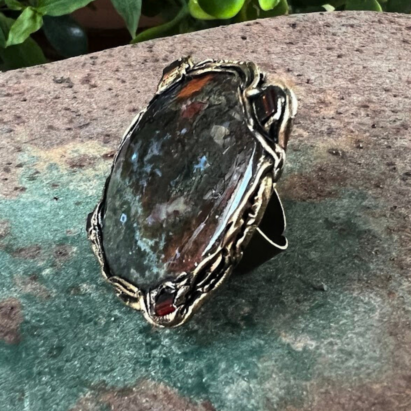 Bloodstone Large Stone Chunky Round Ring, Statement Big Cocktail Ring