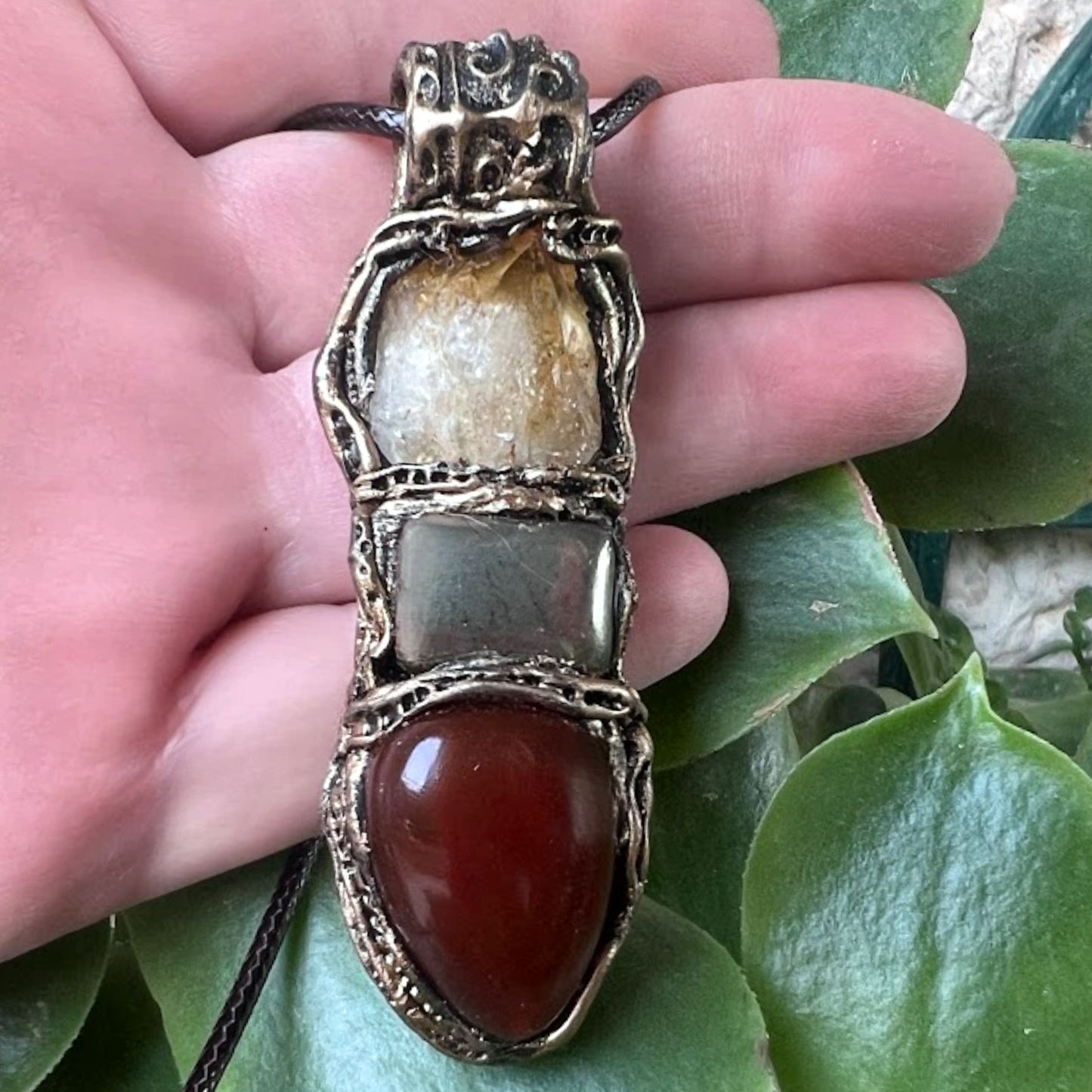 Raw Citrine, Pyrite, and Carnelian Good Luck Pendant Necklace, Raw Crystal Wealth Amulet