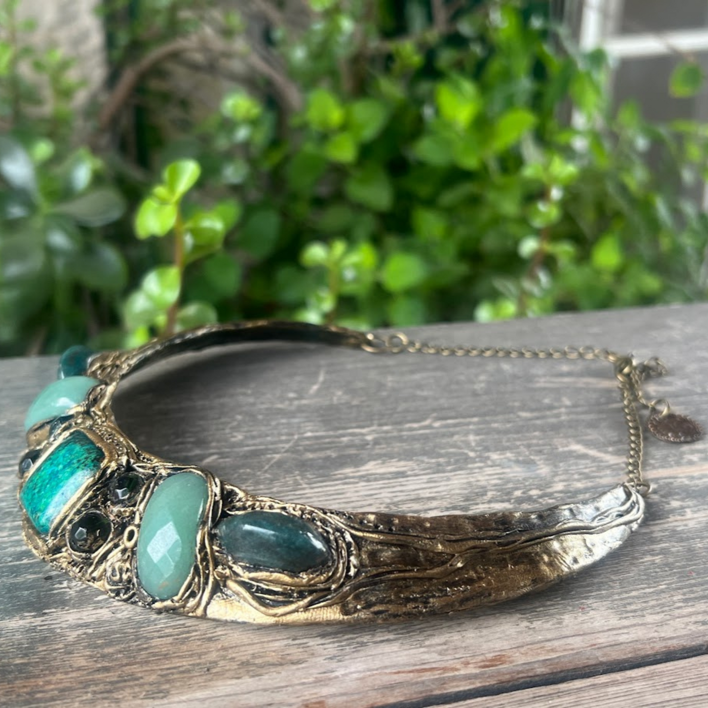 Chunky Green Crystal Collar Necklace with Aventurine, Chrysocolla, and Agate