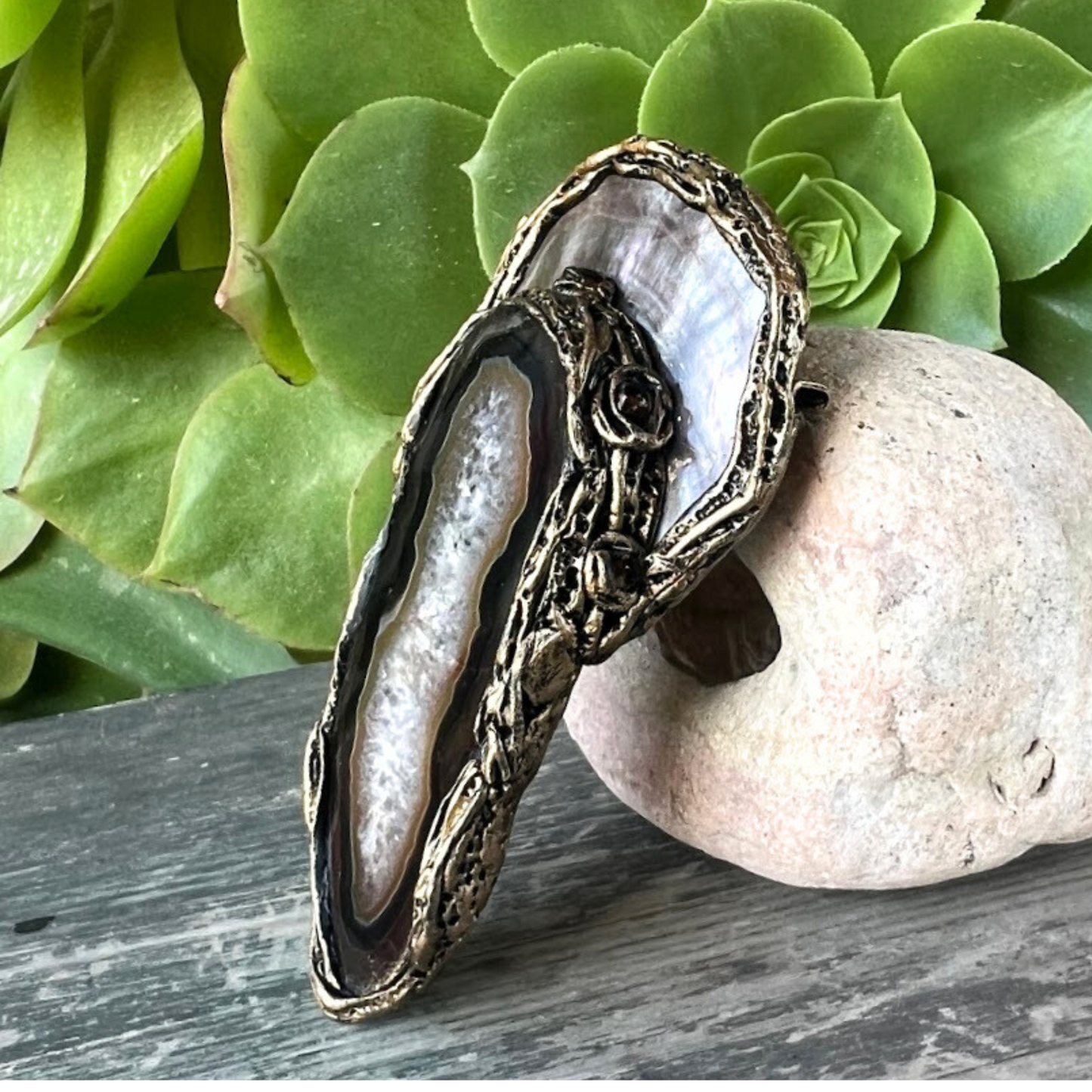 Large Brooch with Agate and Mother of Pearl  -  Statement Designer Costume Jewelry