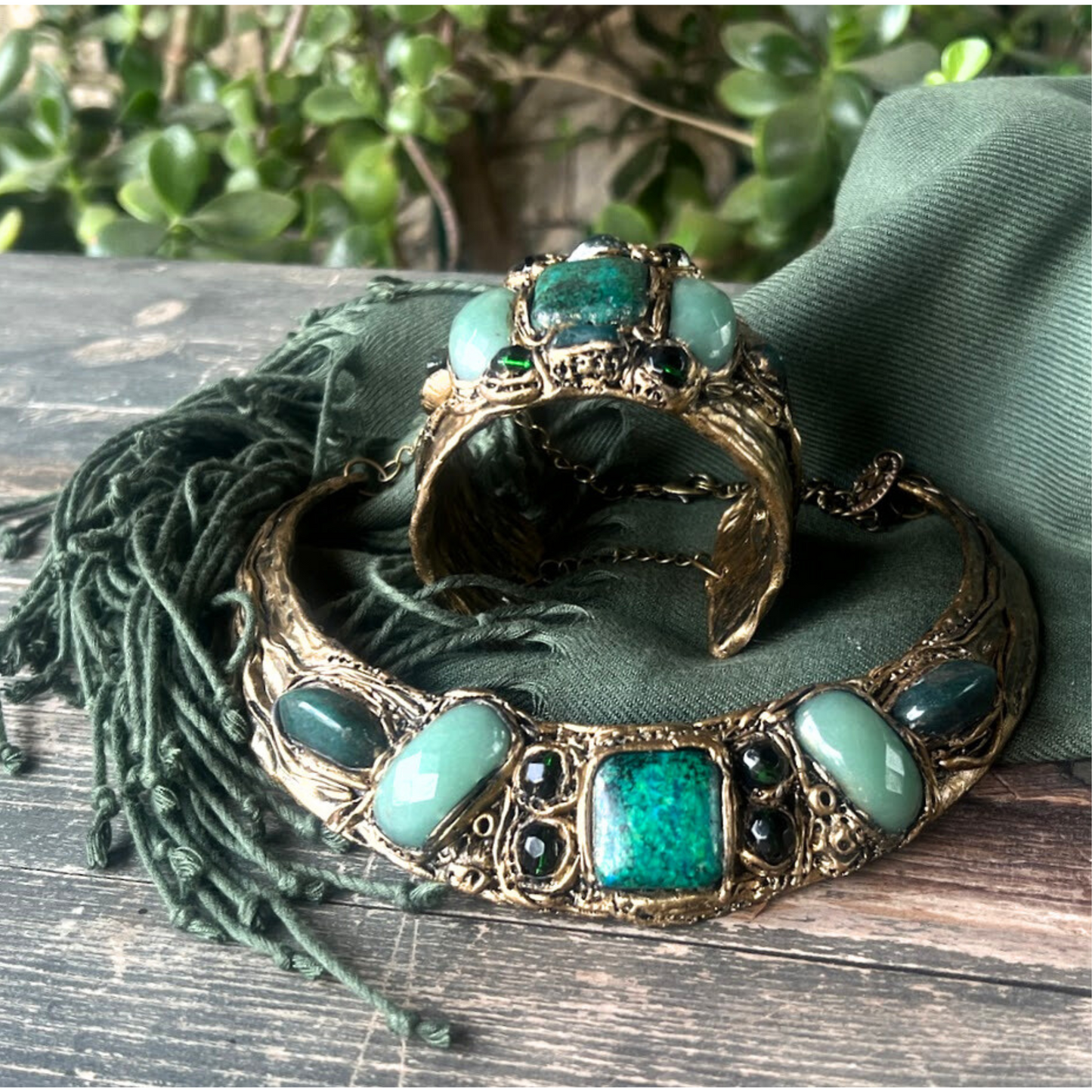 Chunky Green Crystal Collar Necklace with Aventurine, Chrysocolla, and Agate