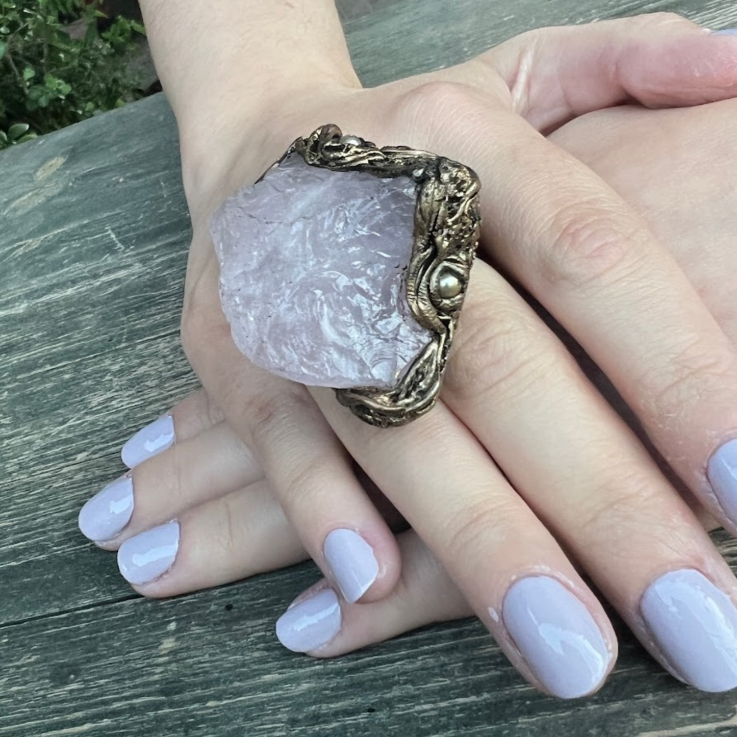 Rose Quartz Raw Crystal Chunky Ring, Large Stone Oversized Cocktail Ring