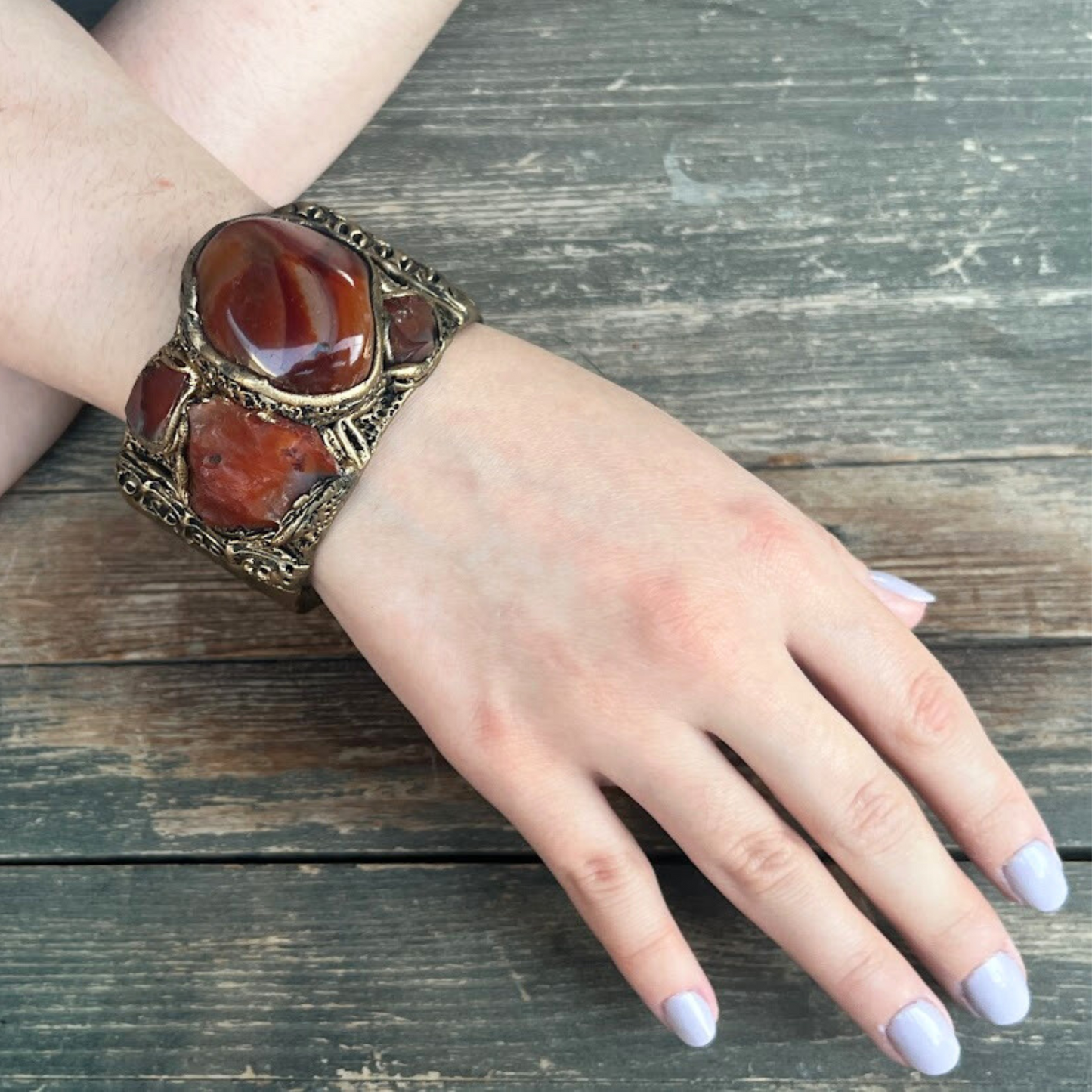 Chunky Carnelian Gemstone Raw Crystal Bracelet, Boho Cuff Bracelet