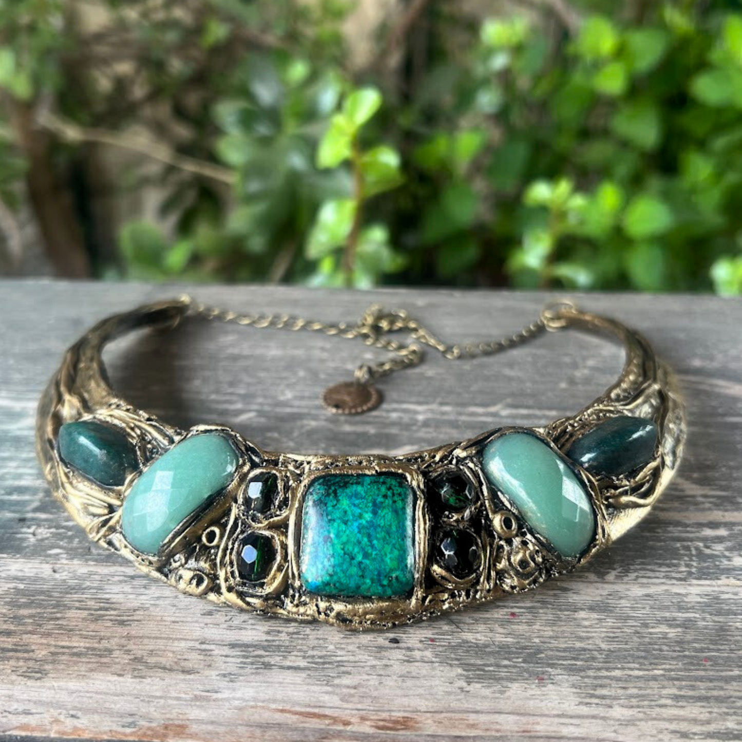 Chunky Green Crystal Collar Necklace with Aventurine, Chrysocolla, and Agate