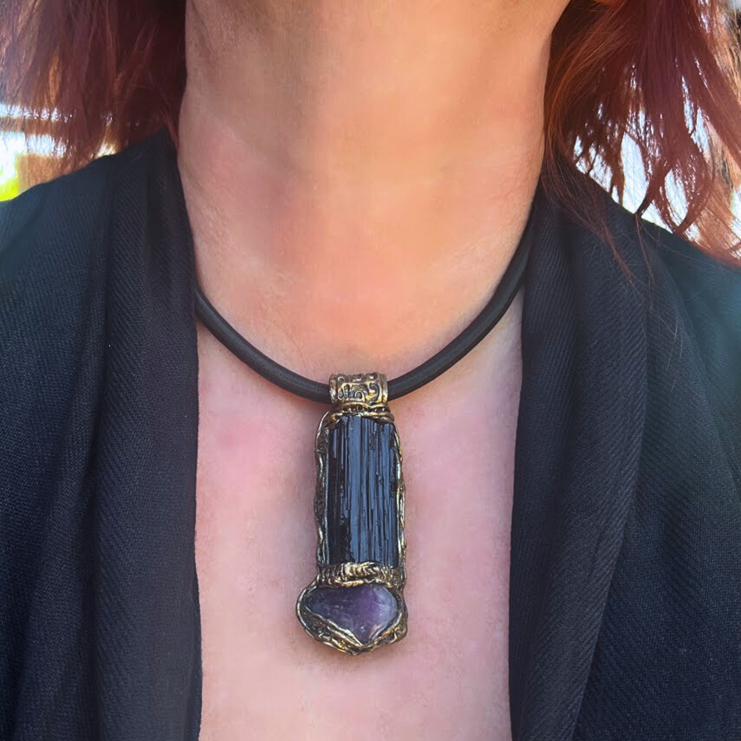 Raw Amethyst and Black Tourmaline Protection Amulet necklace