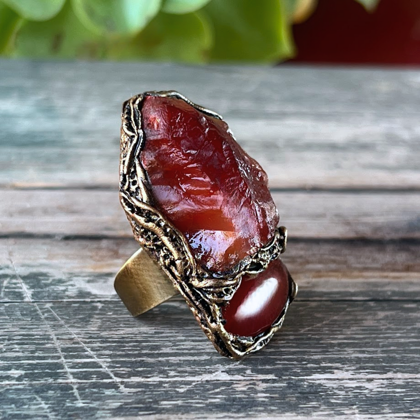 Namibian Carnelian Statement Ring - Raw Chunky Stone Jewelry