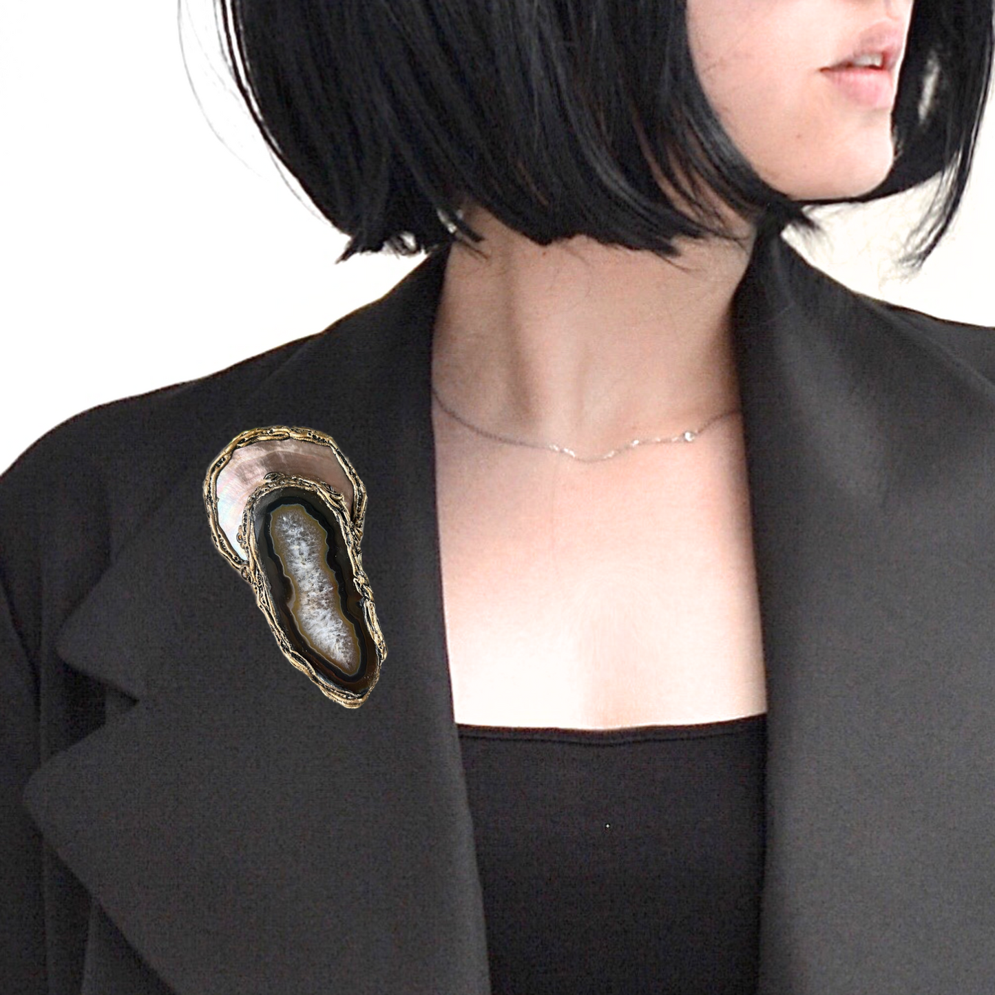 Large Brooch with Agate and Mother of Pearl  -  Statement Designer Costume Jewelry