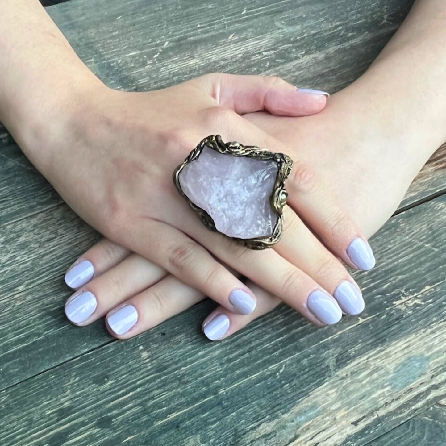 Rose Quartz Raw Crystal Chunky Ring, Large Stone Oversized Cocktail Ring