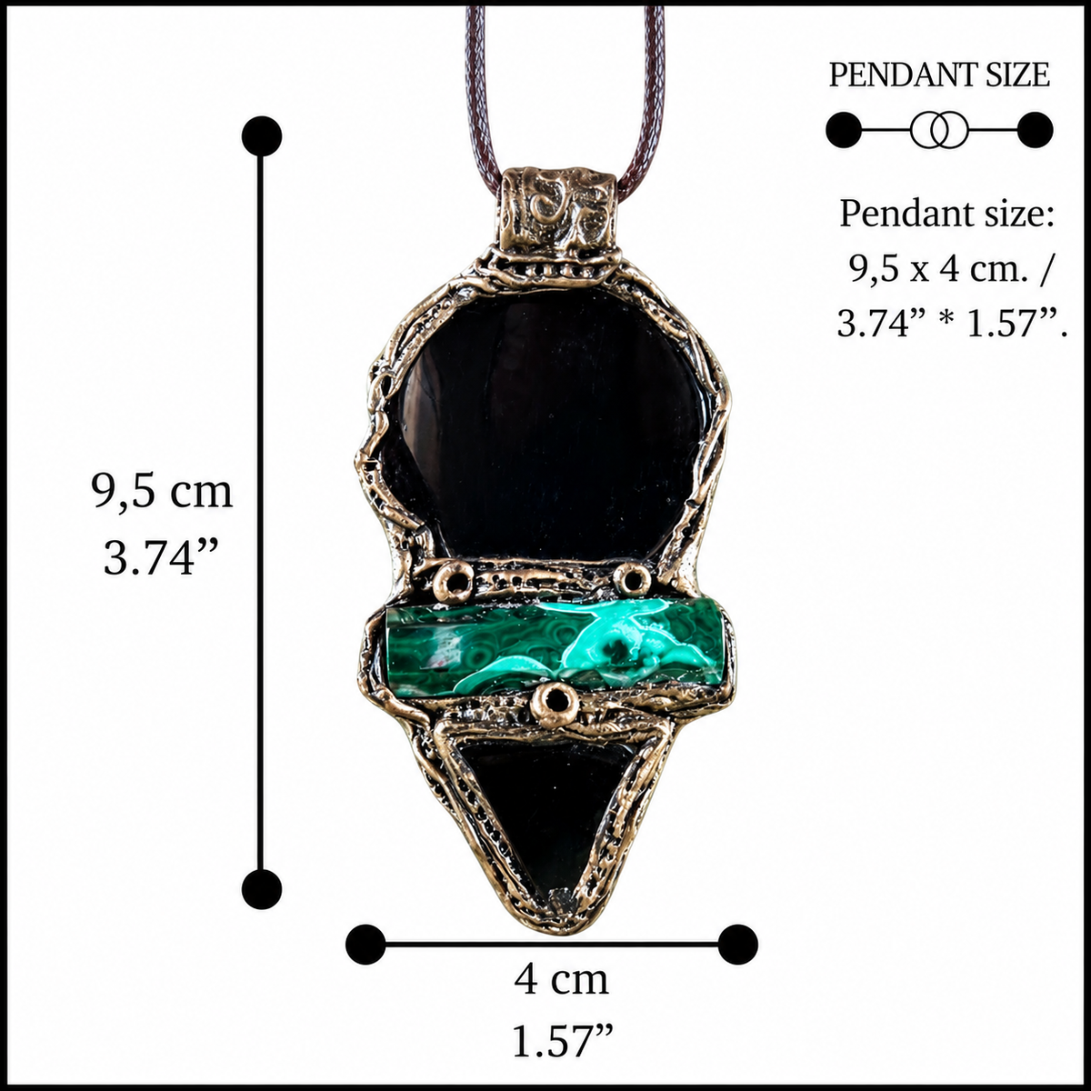 Handmade Obsidian and Malachite statement pendant necklace featuring contrasting black and green gemstones in a bold, one-of-a-kind crystal amulet design.