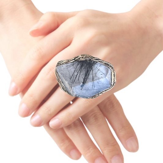 Chunky Rutilated Quartz Ring - Statement Unique Crystal Huge Cocktail Ring