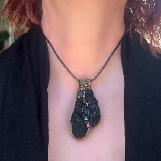 Meteorite Tektite and Blue Apatite gemstone necklace