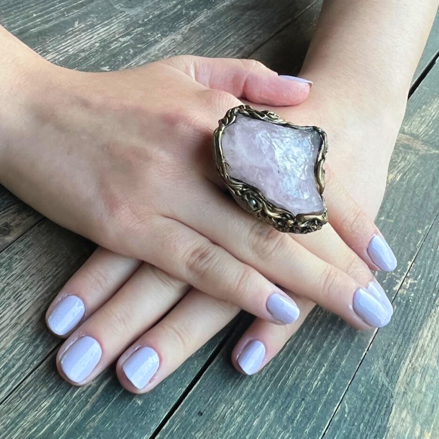 Rose Quartz Raw Crystal Chunky Ring, Large Stone Oversized Cocktail Ring