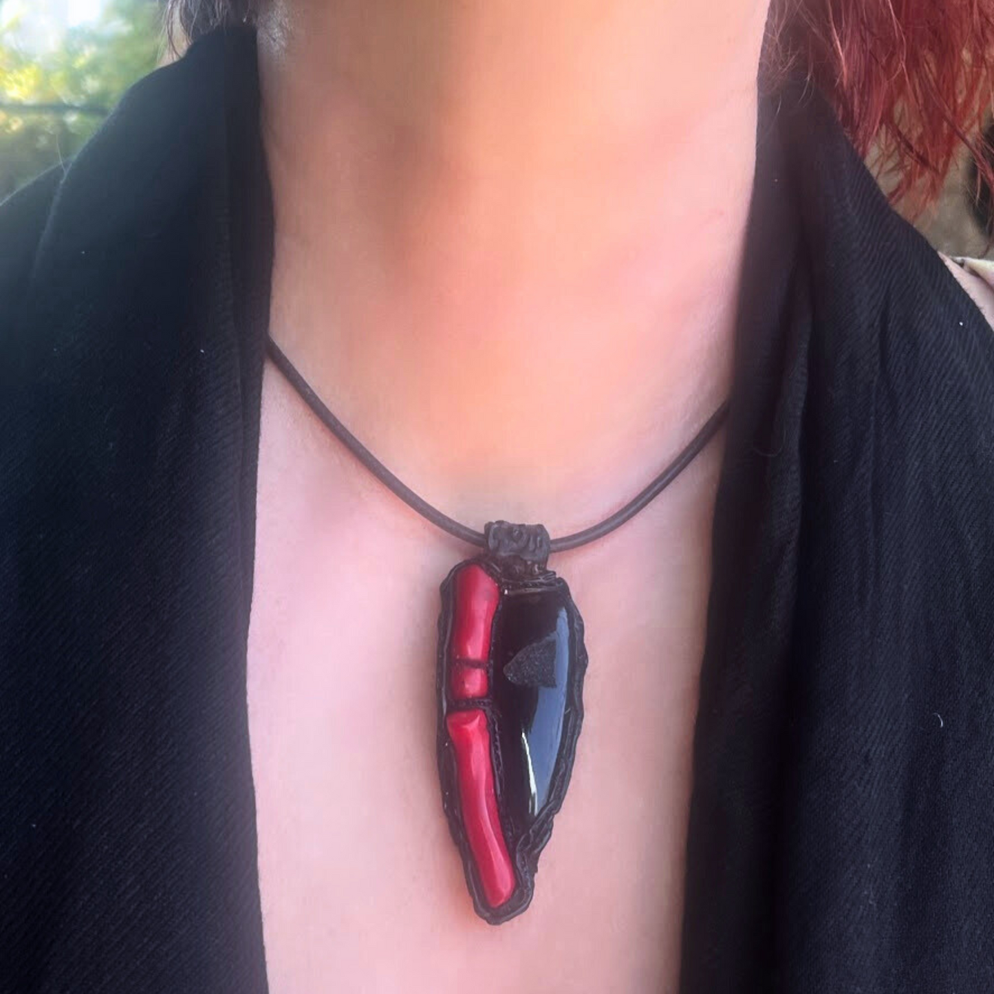 Black and Red Onyx Coral Necklace, Boho Gemstone Pendant