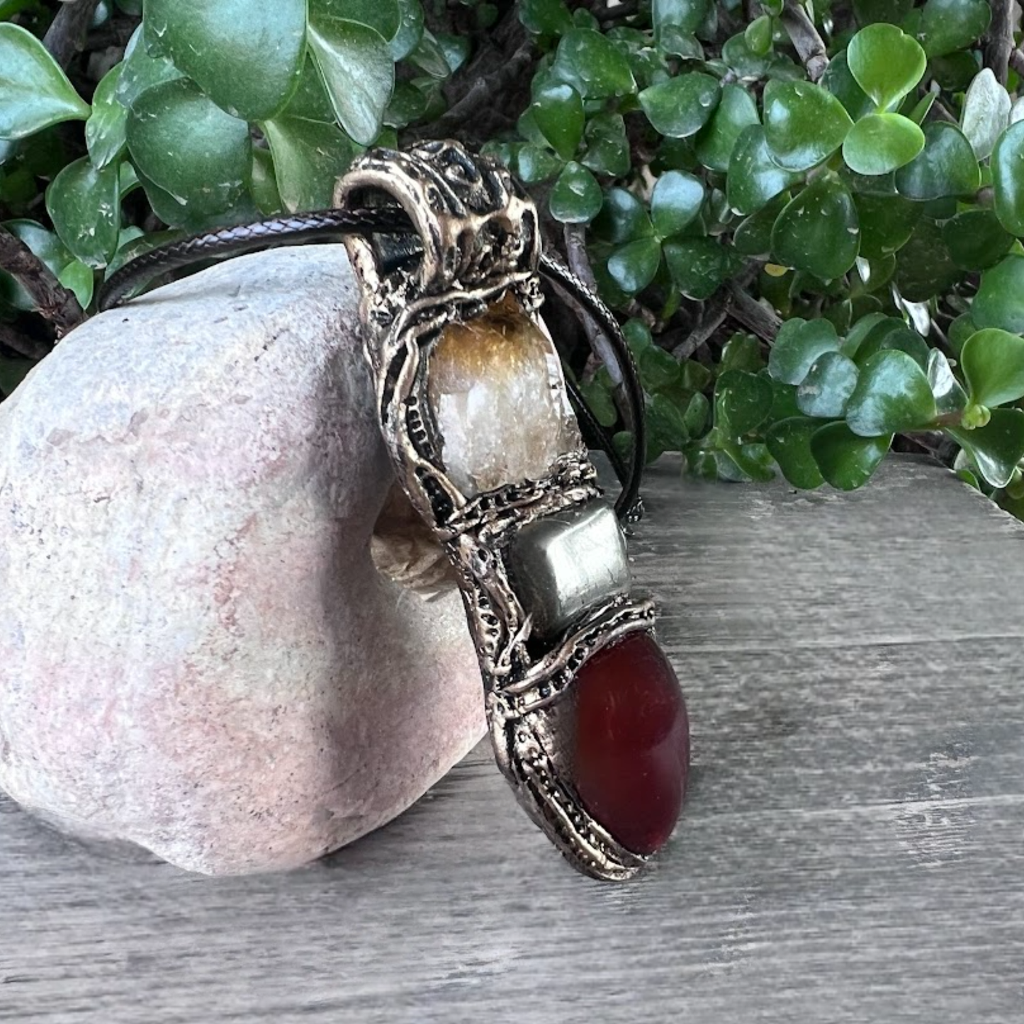 Raw Citrine, Pyrite, and Carnelian Good Luck Pendant Necklace, Raw Crystal Wealth Amulet