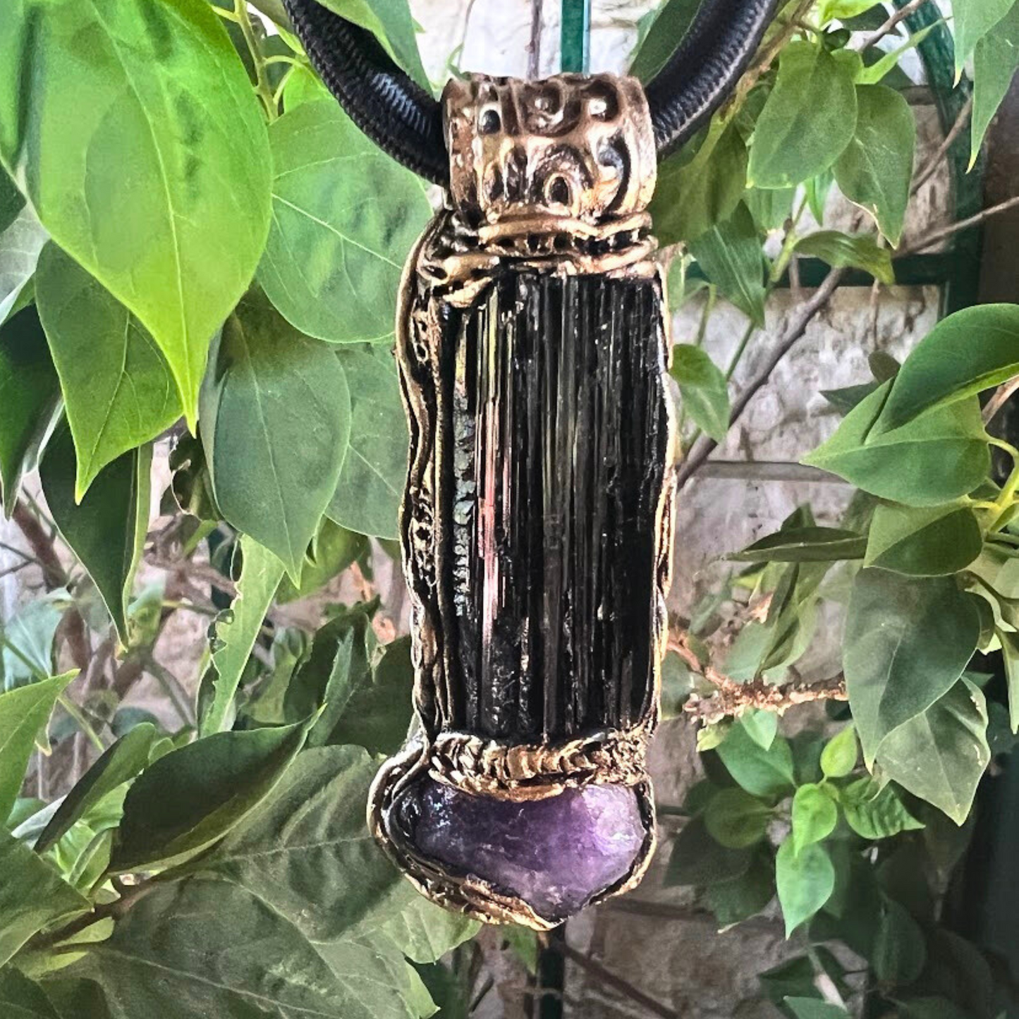 Raw Amethyst and Black Tourmaline Protection Amulet necklace