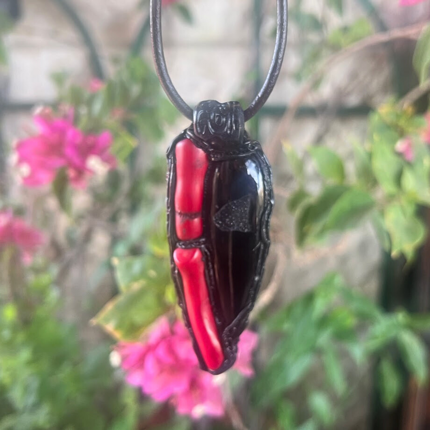 Black and Red Onyx Coral Necklace, Boho Gemstone Pendant