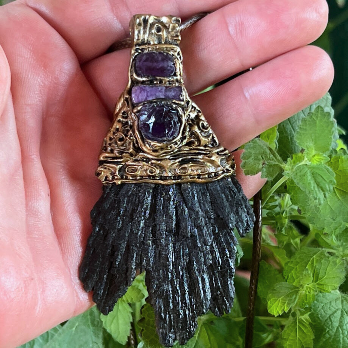 Black Kyanite & Amethyst Protection Amulet, Raw Crystal Empath Necklace