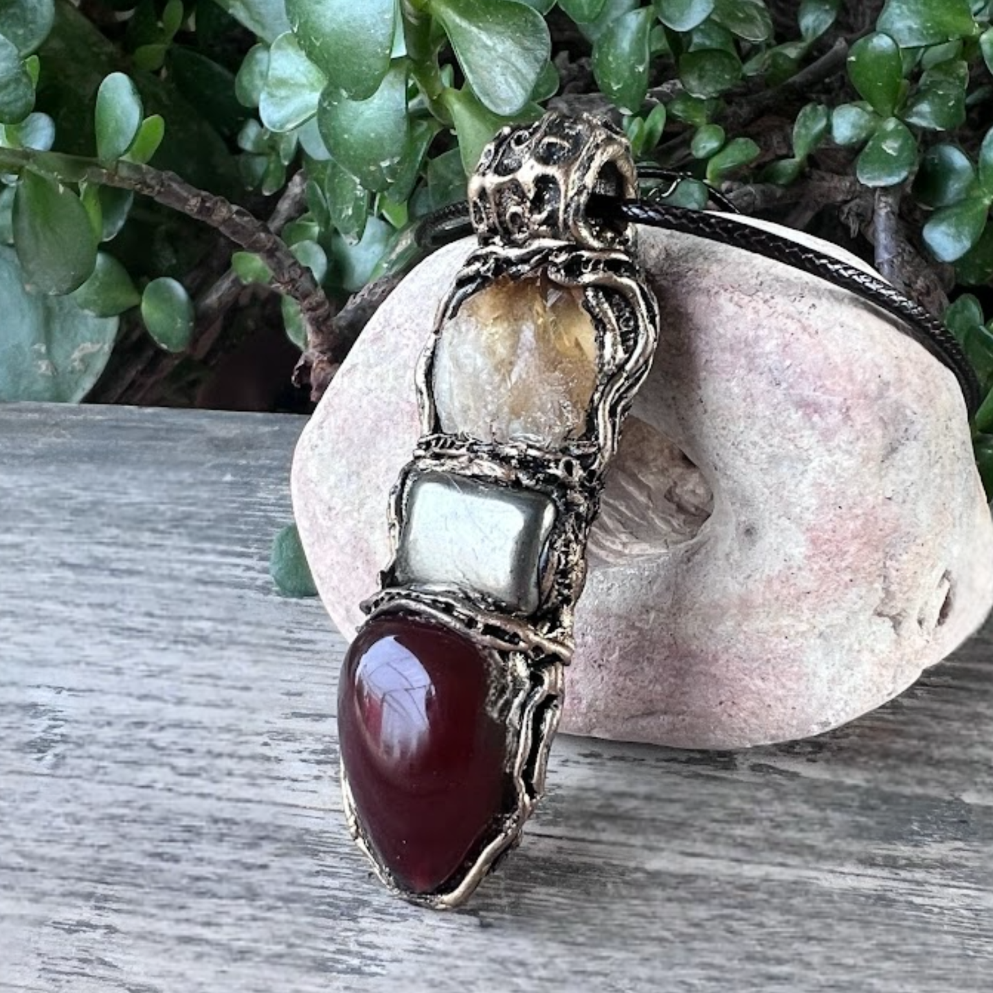 Raw Citrine, Pyrite, and Carnelian Good Luck Pendant Necklace, Raw Crystal Wealth Amulet