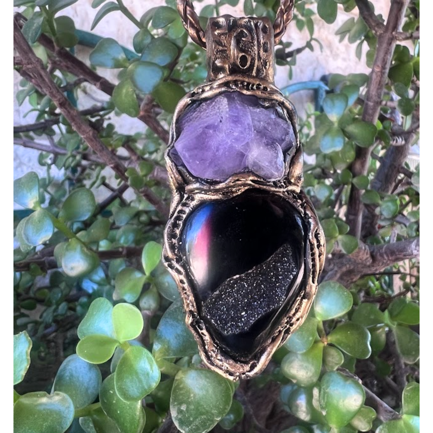 Amethyst and Druzy Onyx Pendant Necklace – Healing Crystal Amulet