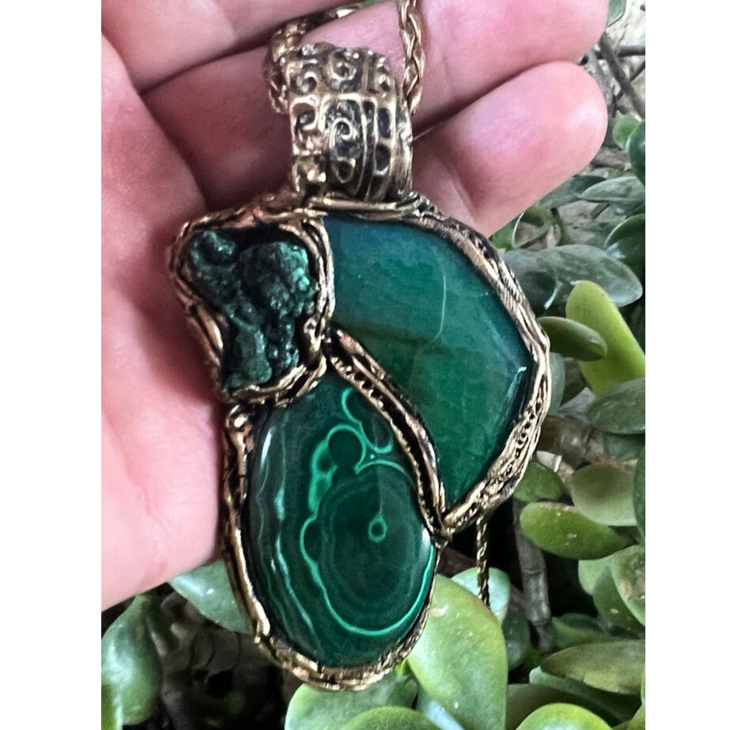 Raw Malachite & Agate Green Large Stone Amulet Necklace