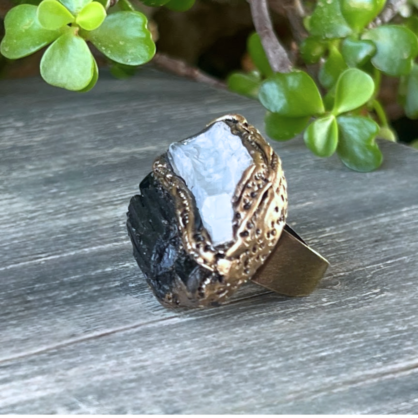 Black Tourmaline & Calcite Chunky Ring - Empath Protection Jewelry